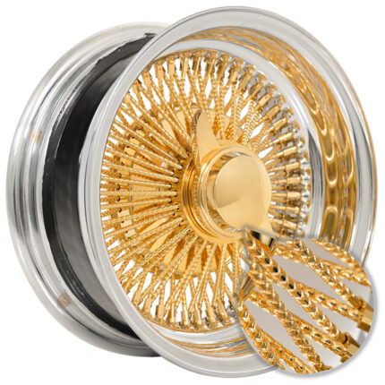 13x5.5" LA Wire Wheels Reverse Diamond Cut 100-Spoke Straight Lace American Gold Plating Center with Chrome Lip Rims