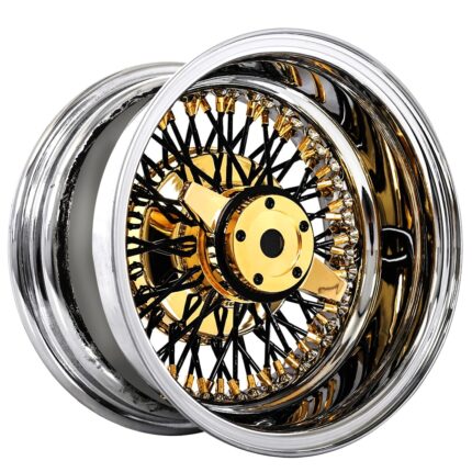 13x7" LA Wire Wheels Reverse 72-Spoke Cross Lace Black Spoke with American Gold Plating Nipple and Chrome Lip Rims