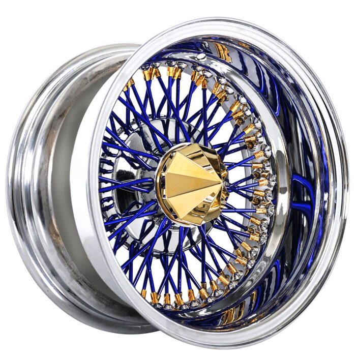13x7" LA Wire Wheels Reverse 72-Spoke Cross Lace Blue Spoke with American Gold Plating Nipple and Chrome Lip Rims