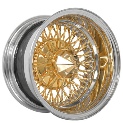 13x7" LA Wire Wheels Reverse 72-Spoke Cross Lace Chrome with American Gold Plating Center Rims