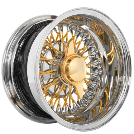 13x7" LA Wire Wheels Reverse 72-Spoke Cross Lace Chrome with American Gold Plating Spokes and Knock-Off Rims