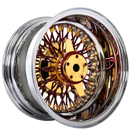 13x7" LA Wire Wheels Reverse 72-Spoke Cross Lace Red Spoke with Gold Nipple and Chrome Lip Rims