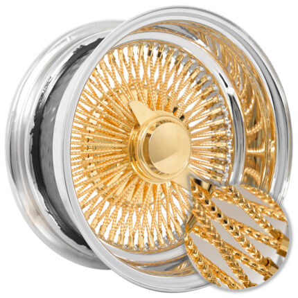 13x7" LA Wire Wheels Reverse Diamond Cut 100-Spoke Straight Lace American Gold Plating Center with Chrome Lip Rims