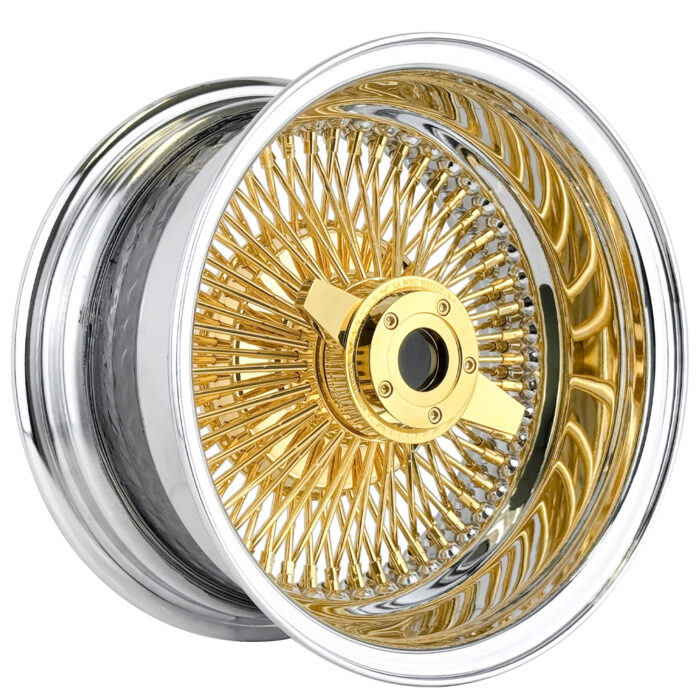14x7" LA Wire Wheels Reverse 100-Spoke Straight Lace Chrome with Gold Center Heavy Duty Knock-Off Rims