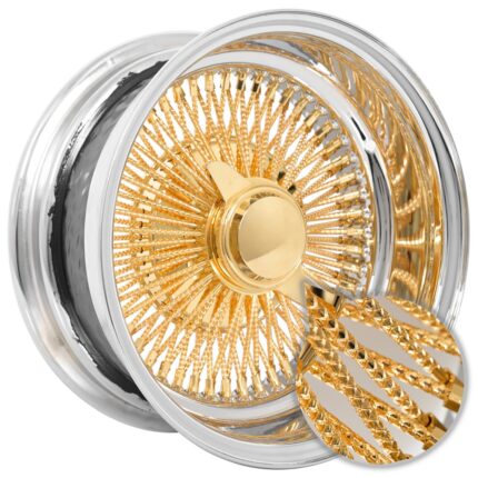 14x7" LA Wire Wheels Reverse Diamond Cut 100-Spoke Straight Lace American Gold Plating Center with Chrome Lip Rims