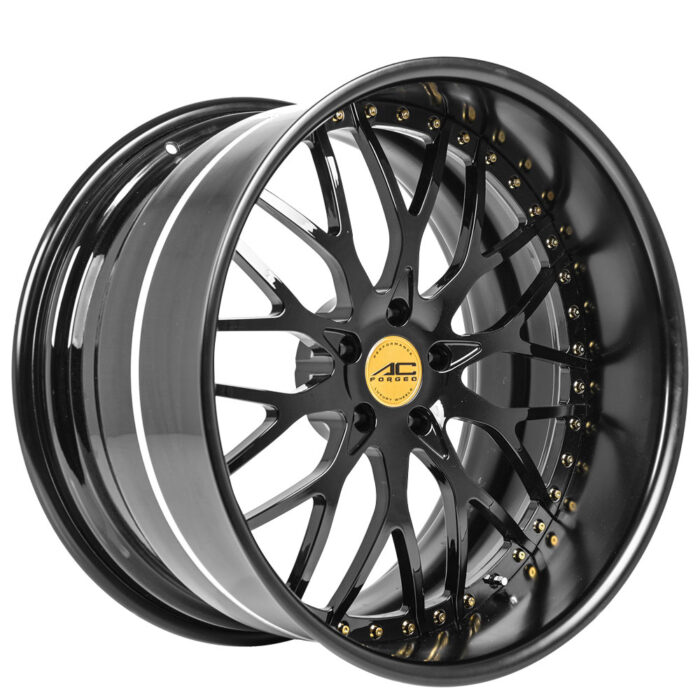 20" AC Forged Wheels ACF701 Gloss Black with Gold Rivet Three Piece Rims