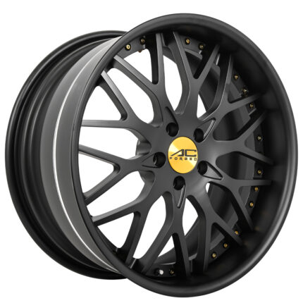 22" Staggered AC Forged Wheels ACF701 Matte Black with Gold Center Cap and Hardware Three Piece Rims