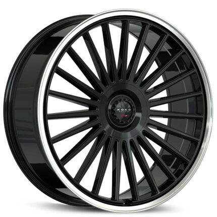 24x10" Koko Kuture Parlato Gloss Black with Polished Lip Flow Formed Spindle Cap Wheels (6x139/135, +15mm)